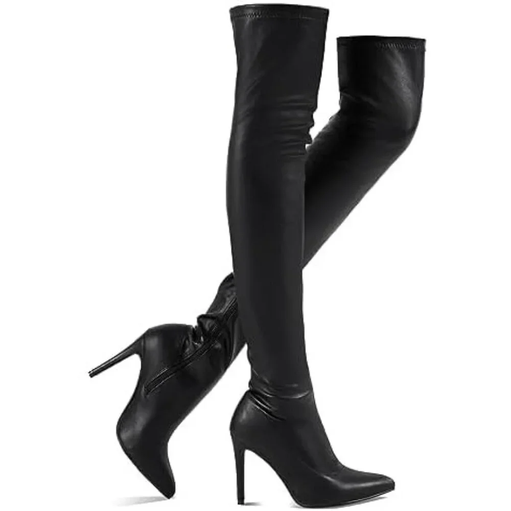 Women Pu Black Polyurethane Over The Knee High Stretchy Leather Thigh High Boots - Picture 1 of 6